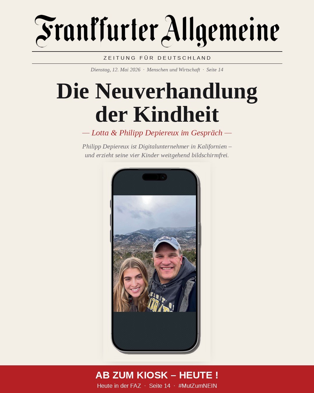 FAZ-Titel: Die Neuverhandlung der Kindheit. Lotta und Philipp Depiereux im Gespräch.